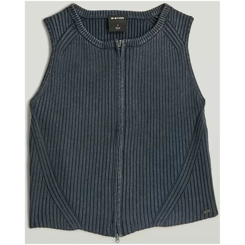 G-Star Damen Tanktop Blau Ärmellos Mit Reißverschluss Rundhalsausschnitt