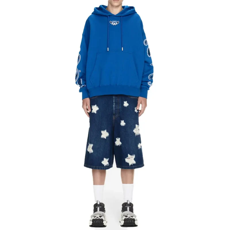 Weißes Herren Sweatshirt mit Kapuze, einer Tasche und hellblauem Aufdruck