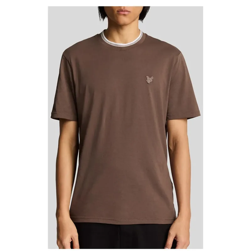 Braunes Kurzarm-T-Shirt mit weiß gestreiftem Kragen