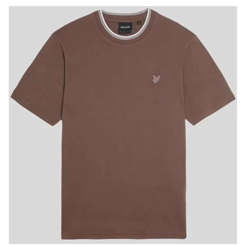 Braunes Kurzarm-T-Shirt mit weiß gestreiftem Kragen