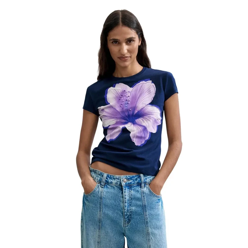 Desigual Damen-Blue-Cotton-Rundhalsausschnitt-Kurzarm-T-Shirt mit 59 Zeichen