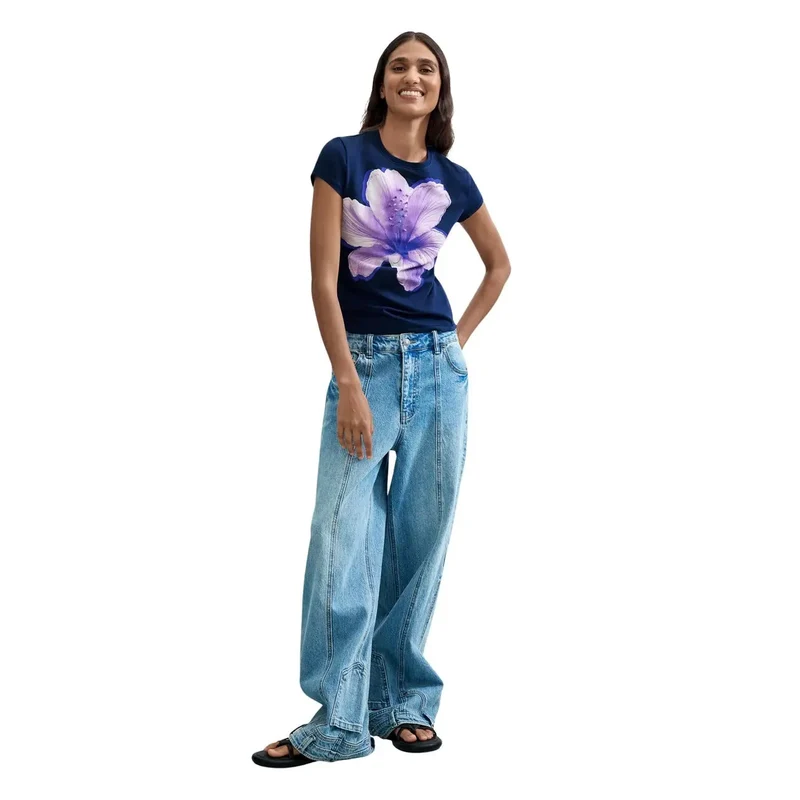 Desigual Damen-Blue-Cotton-Rundhalsausschnitt-Kurzarm-T-Shirt mit 59 Zeichen
