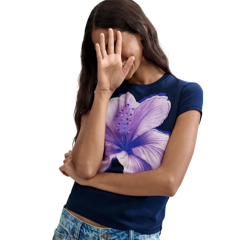 Desigual Damen-Blue-Cotton-Rundhalsausschnitt-Kurzarm-T-Shirt mit 59 Zeichen