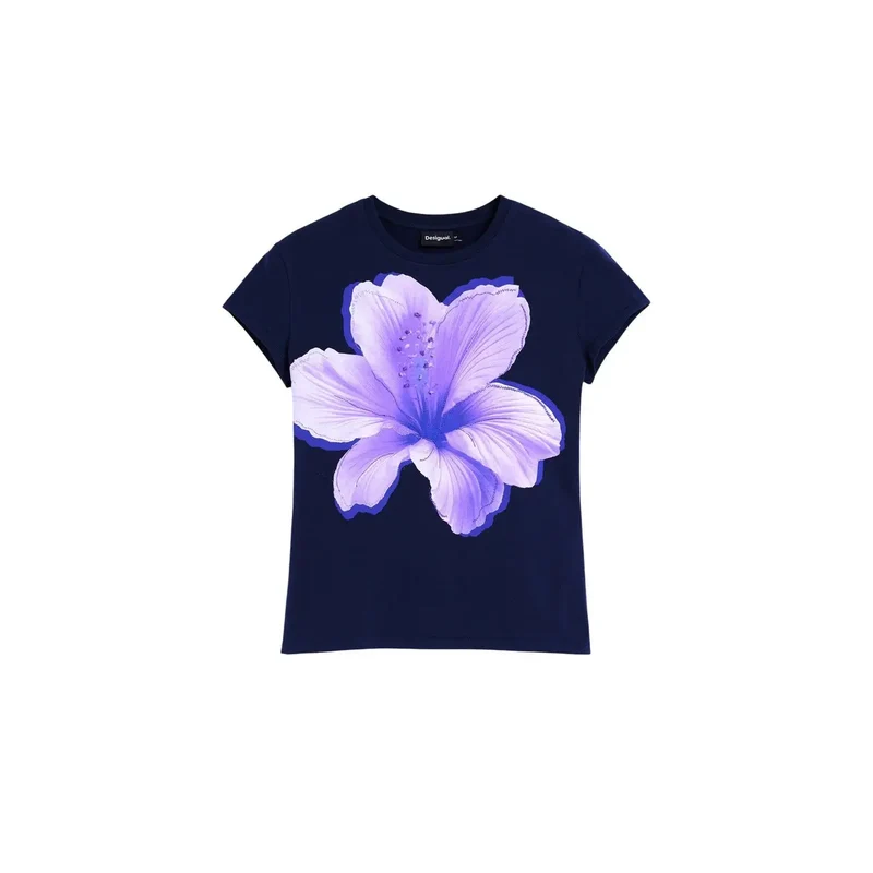 Desigual Damen-Blue-Cotton-Rundhalsausschnitt-Kurzarm-T-Shirt mit 59 Zeichen