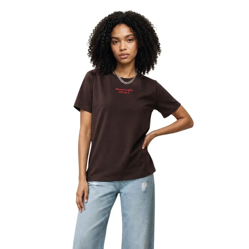 Only Damen Baumwollshirt mit kurzem Ärmel und Rundhalsausschnitt, braun