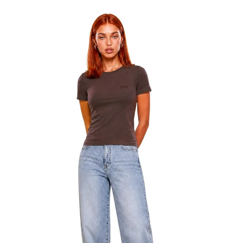Guess Active Damen in braunem Viskose-Chara, kurze klassische T-Shirt