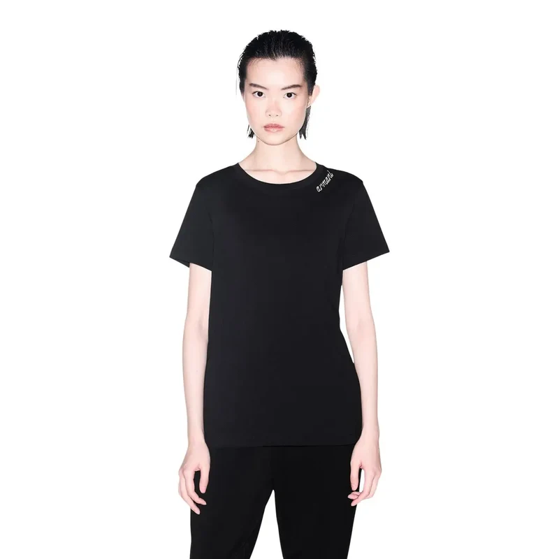 Armani Exchange Damen Schwarzes Baumwollshirt mit Rundhalsausschnitt