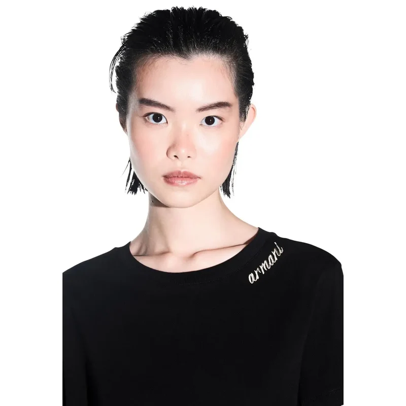 Armani Exchange Damen Schwarzes Baumwollshirt mit Rundhalsausschnitt