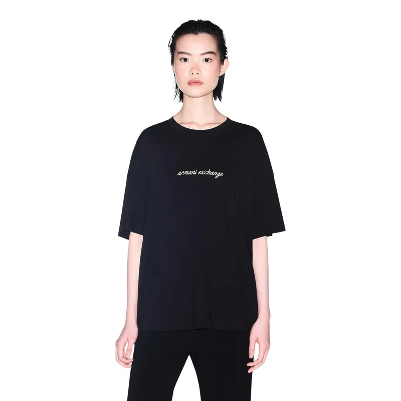 Armani Exchange Damen T-Shirt aus schwarzer Baumwolle mit Rundhalsausschnitt