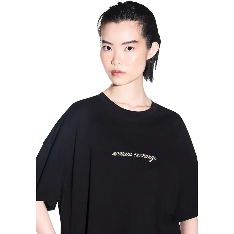 Armani Exchange Damen T-Shirt aus schwarzer Baumwolle mit Rundhalsausschnitt