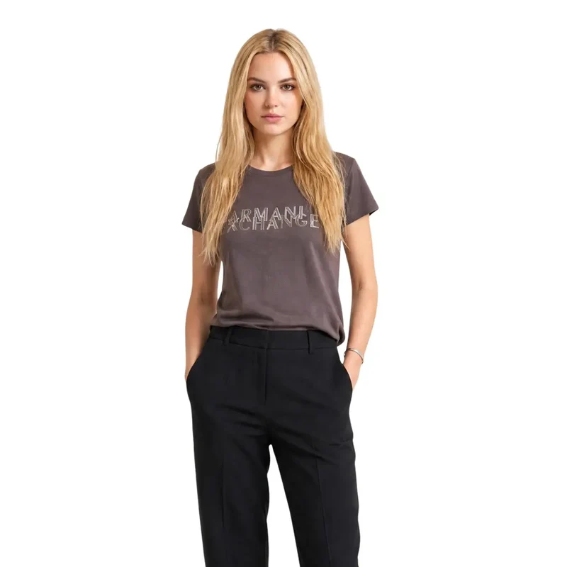 Armani Exchange Damen-Braunes Baumwoll-T-Shirt mit Rundhalsausschnitt