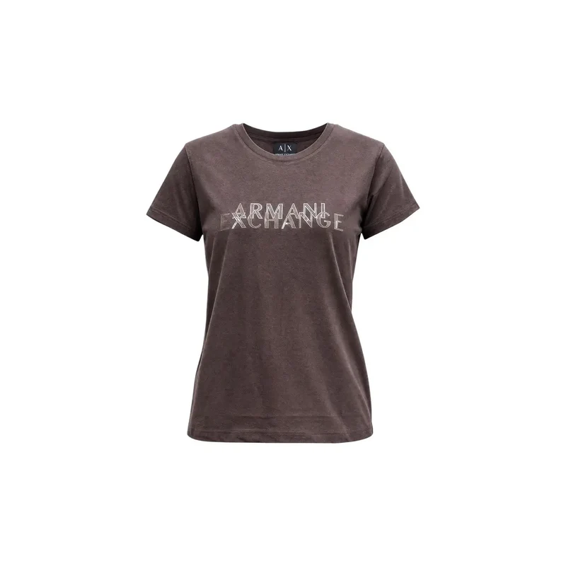 Armani Exchange Damen-Braunes Baumwoll-T-Shirt mit Rundhalsausschnitt