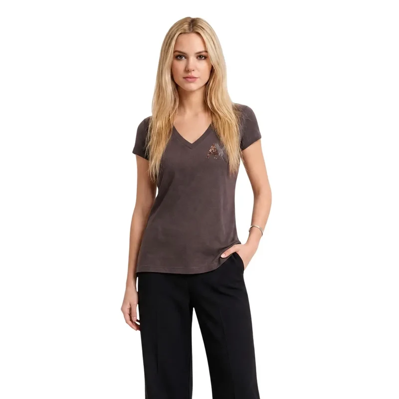 Armani Exchange Damen Braunes Baumwollshirt mit V-Ausschnitt und Pailletten