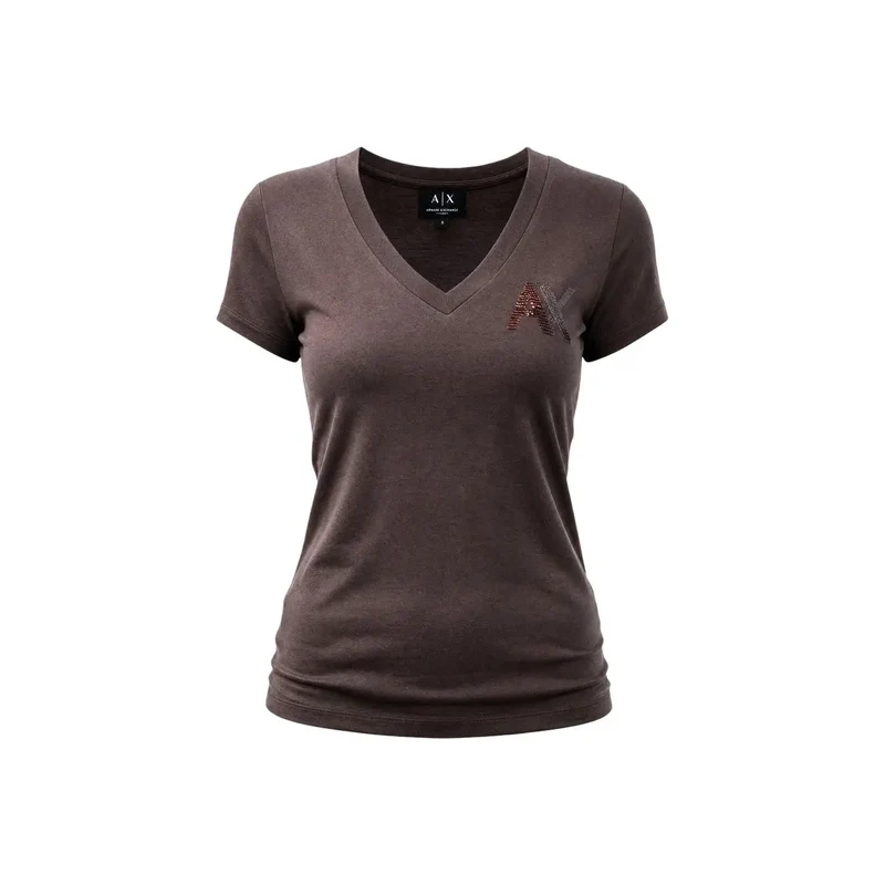 Armani Exchange Damen Braunes Baumwollshirt mit V-Ausschnitt und Pailletten