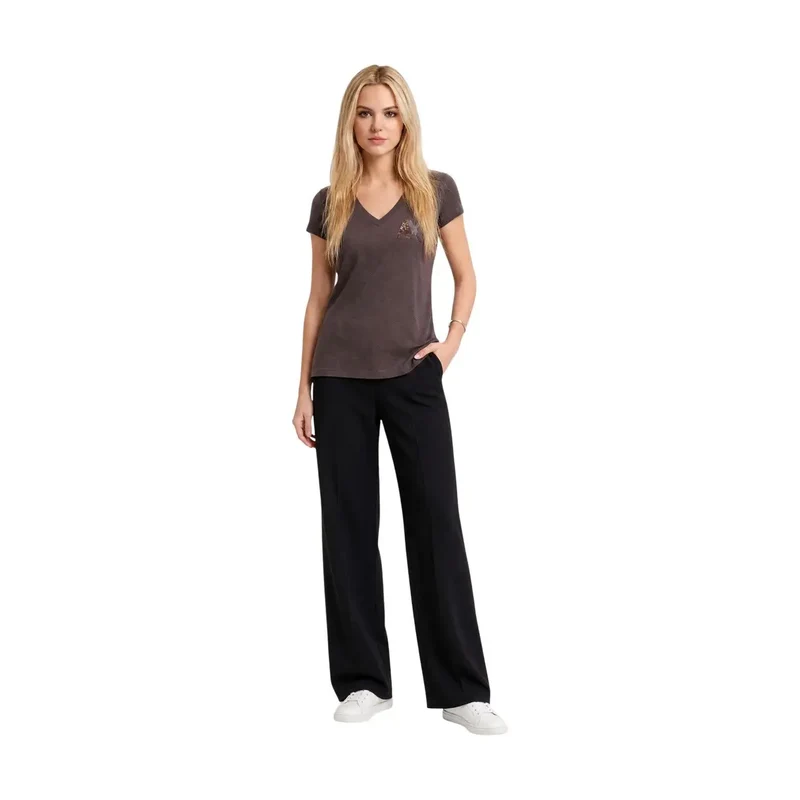 Armani Exchange Damen Braunes Baumwollshirt mit V-Ausschnitt und Pailletten