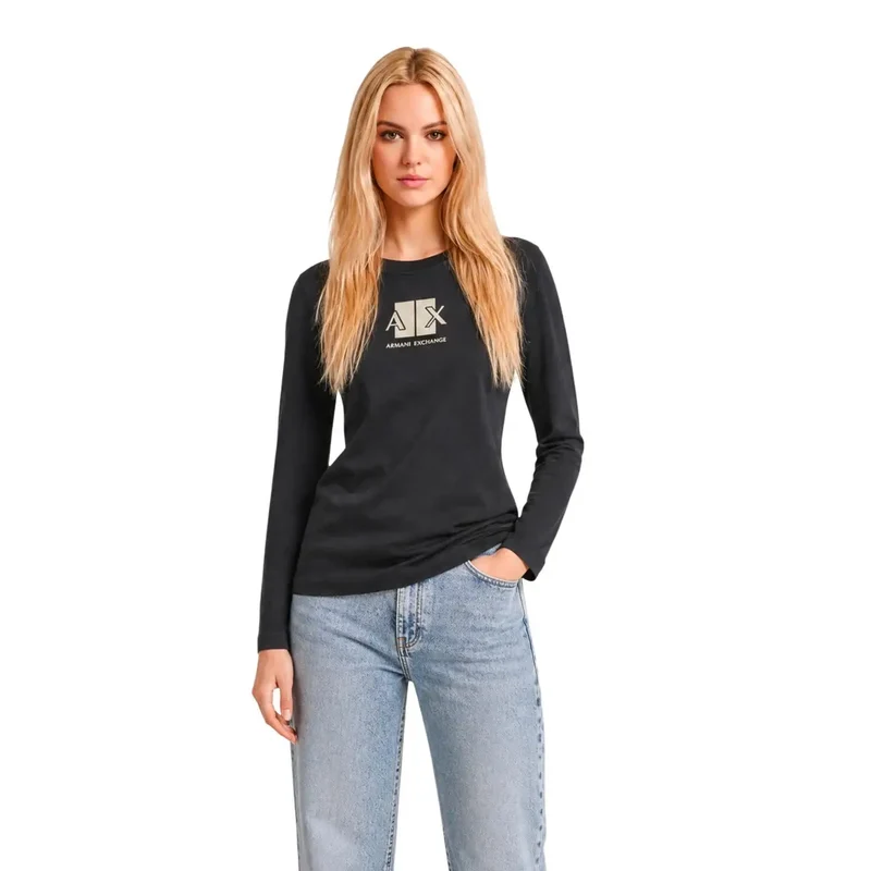 Armani Exchange Damen Schwarzes Baumwoll-Langarm-Shirt mit Rundhalsausschnitt