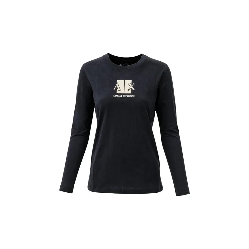 Armani Exchange Damen Schwarzes Baumwoll-Langarm-Shirt mit Rundhalsausschnitt