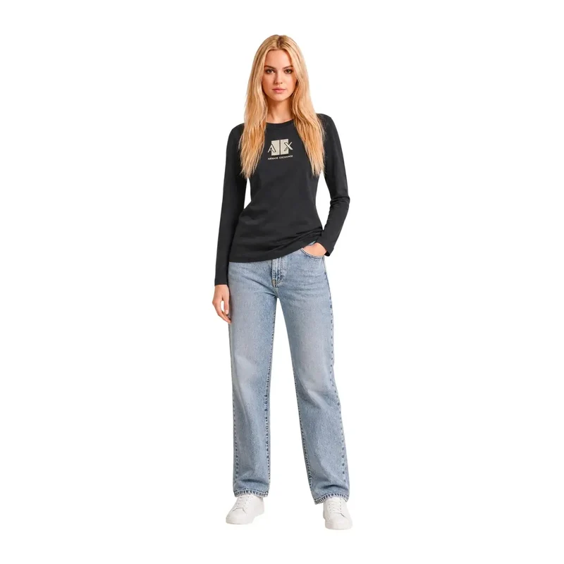 Armani Exchange Damen Schwarzes Baumwoll-Langarm-Shirt mit Rundhalsausschnitt
