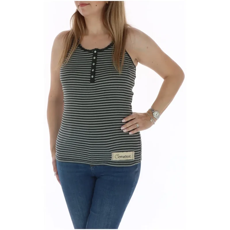 Damen Tanktop Grau Gestreift Ärmellos Aus Baumwolle