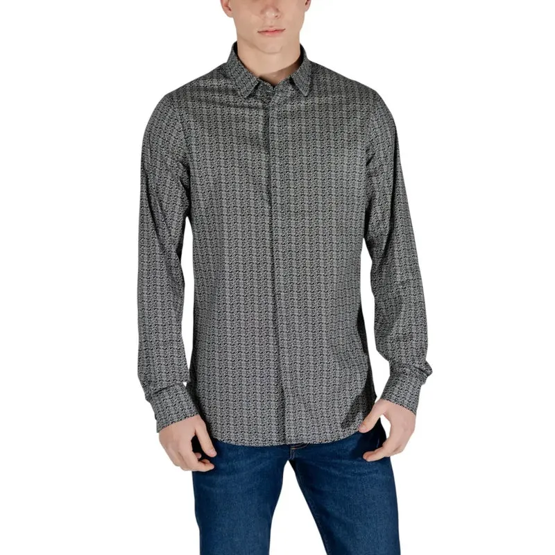 Armani Exchange Herren Schwarz Geometrisches Langarmhemd aus Baumwolle