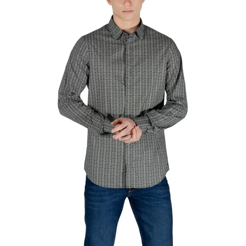 Armani Exchange Herren Schwarz Geometrisches Langarmhemd aus Baumwolle