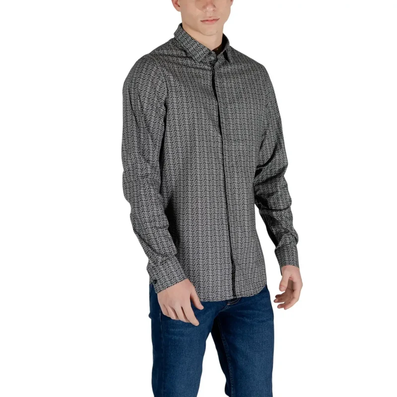 Armani Exchange Herren Schwarz Geometrisches Langarmhemd aus Baumwolle