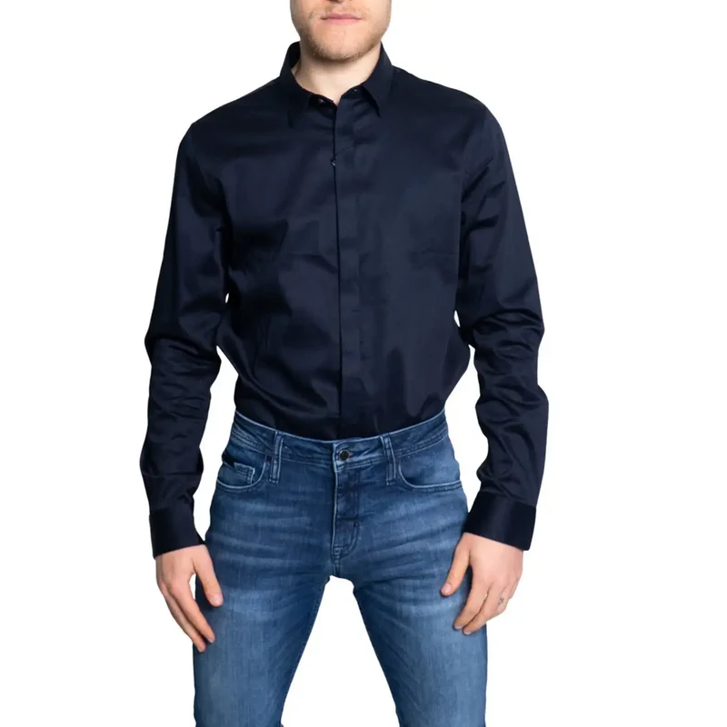 Armani Exchange Herren Klassisch Blau Langarm Frühling Sommer Knopfhemd