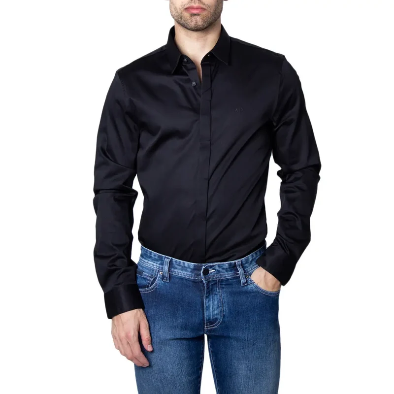 Armani Exchange Herren Klassisch Blau Langarm Frühling Sommer Knopfhemd