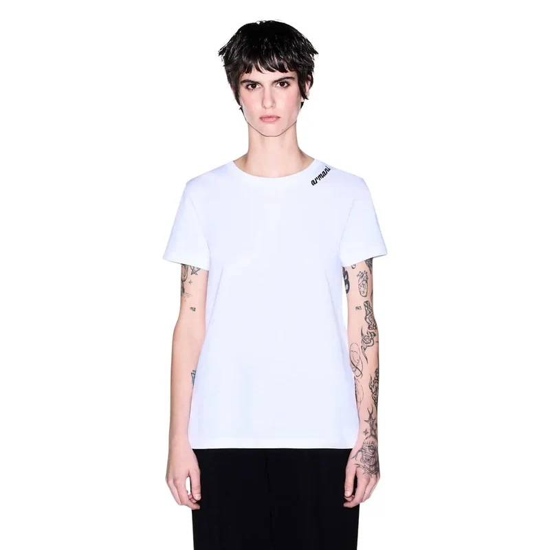 Armani Exchange Damen Weißes Baumwoll-Shirt mit Rundhalsausschnitt