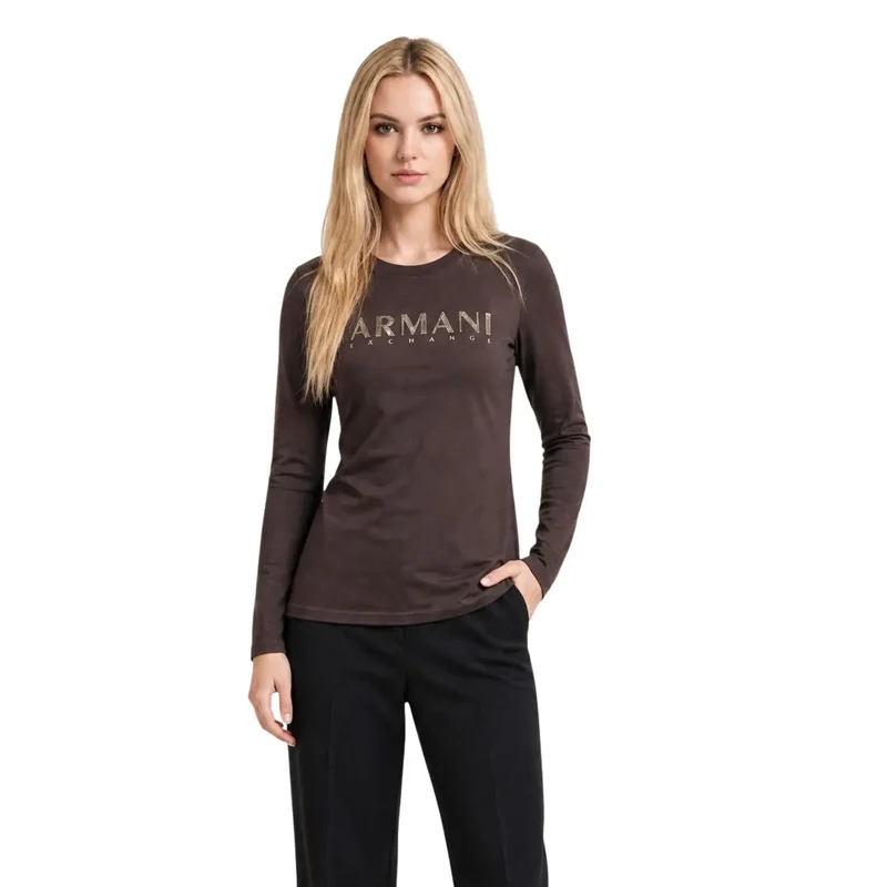 Armani Exchange Damen T-Shirt aus brauner Baumwolle mit langem Schnitt und rundem Halsausschnitt
