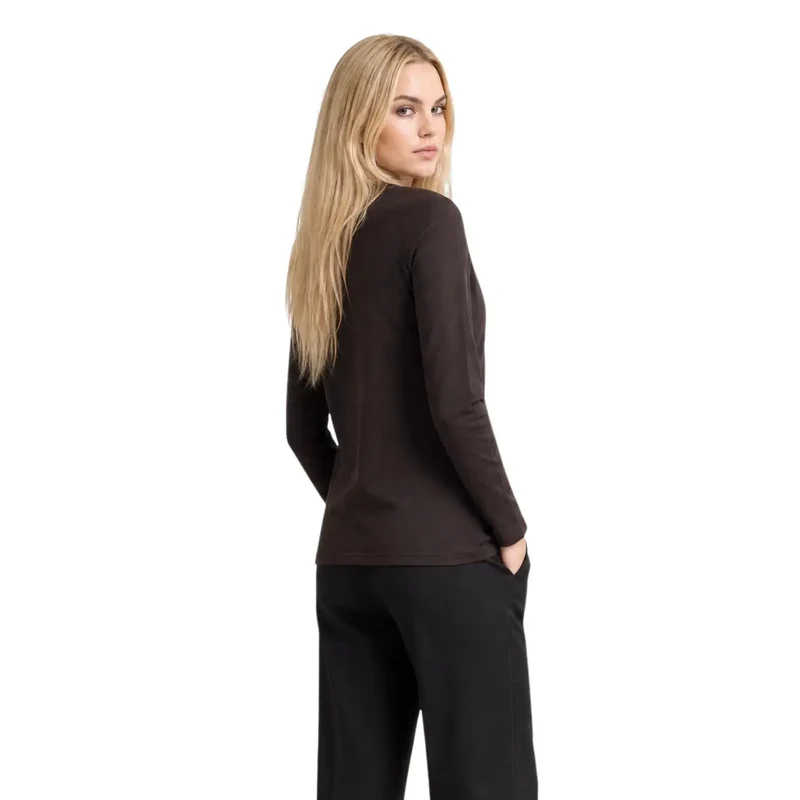 Armani Exchange Damen T-Shirt aus brauner Baumwolle mit langem Schnitt und rundem Halsausschnitt