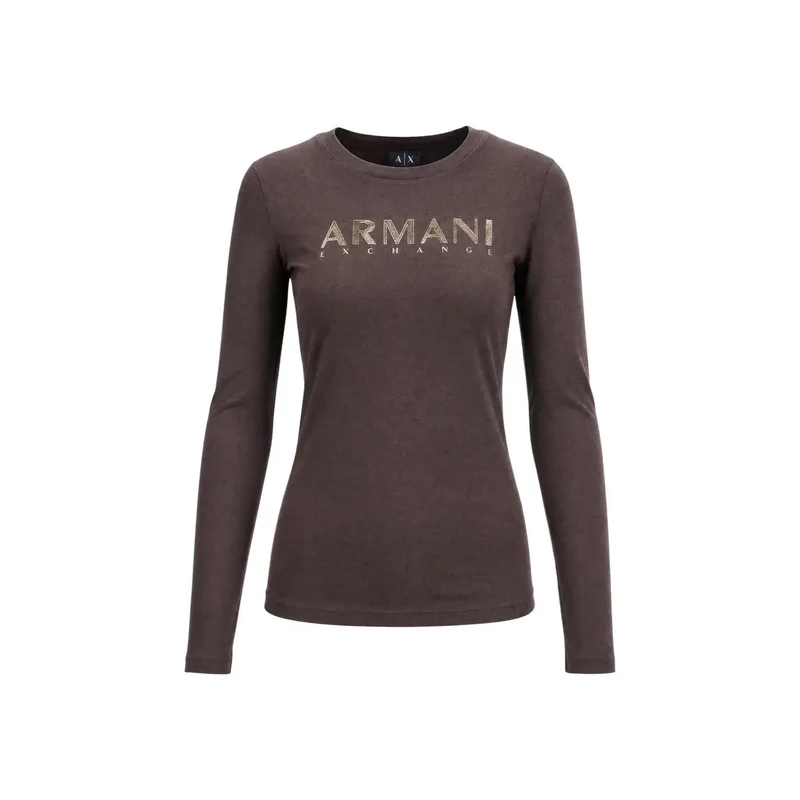 Armani Exchange Damen T-Shirt aus brauner Baumwolle mit langem Schnitt und rundem Halsausschnitt