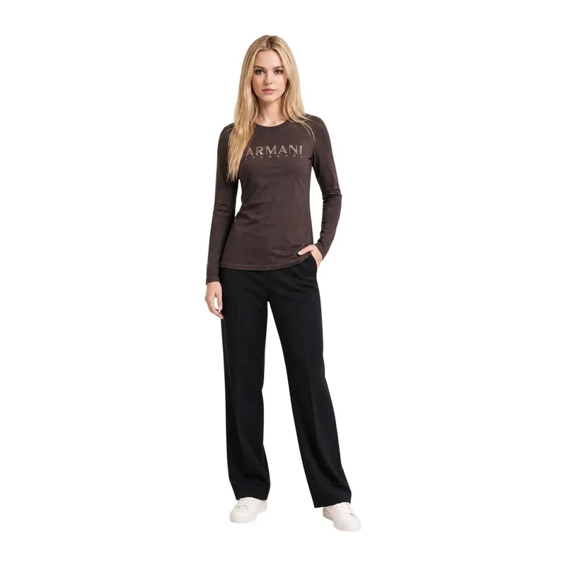 Armani Exchange Damen T-Shirt aus brauner Baumwolle mit langem Schnitt und rundem Halsausschnitt