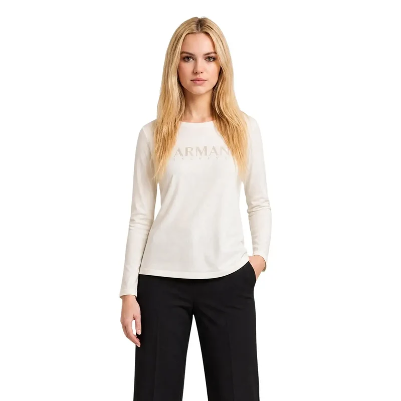Armani Exchange Damen Beige Baumwoll-T-Shirt mit Strass