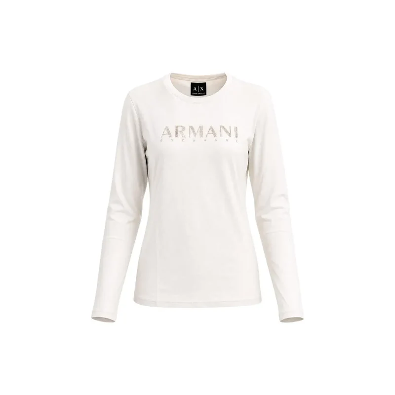 Armani Exchange Damen Beige Baumwoll-T-Shirt mit Strass