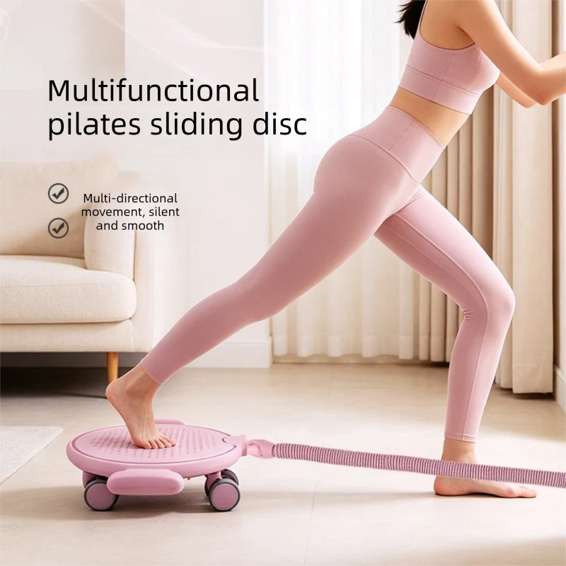 Pink Multifunctional Pilates Glider Disc - 360° Rolling Core Trainer with Resistance Band, Non-Slip Home Fitness Abdominal Machine for Abs, Glutes, Legs
