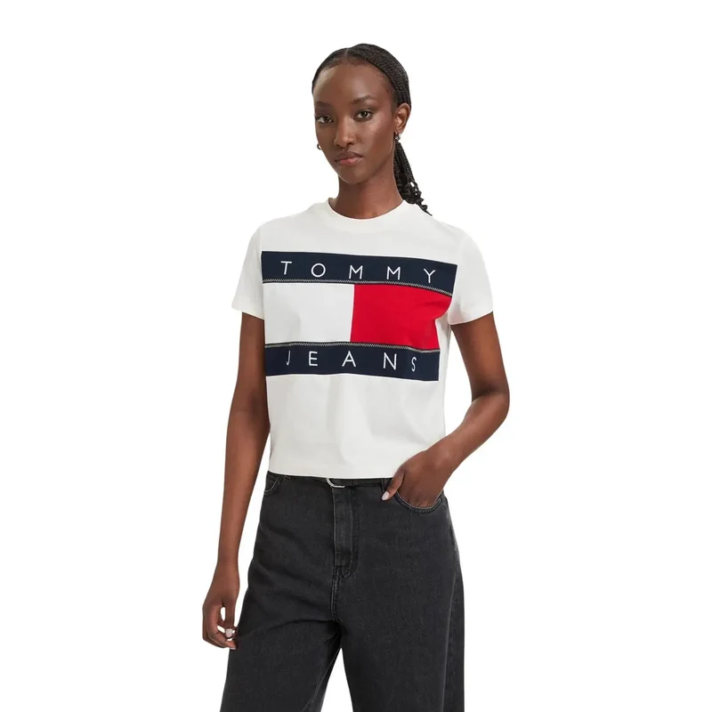 Tommy Hilfiger Damen Weißes T-Shirt mit Rundhalsausschnitt aus Bio-Baumwolle