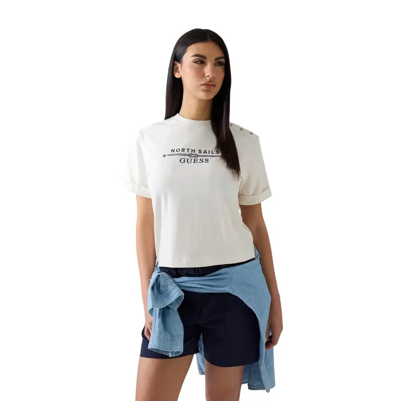 Damen T-Shirt mit weißem Baumwoll-Logo, Kurzarm, Rundhalsausschnitt