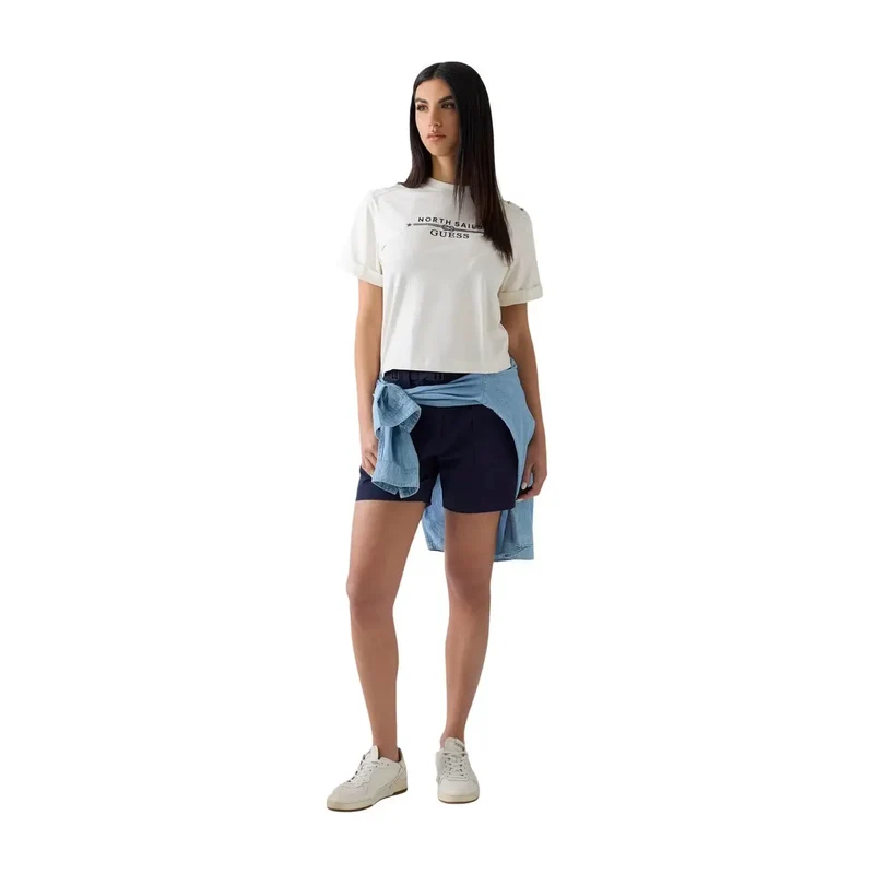 Damen T-Shirt mit weißem Baumwoll-Logo, Kurzarm, Rundhalsausschnitt