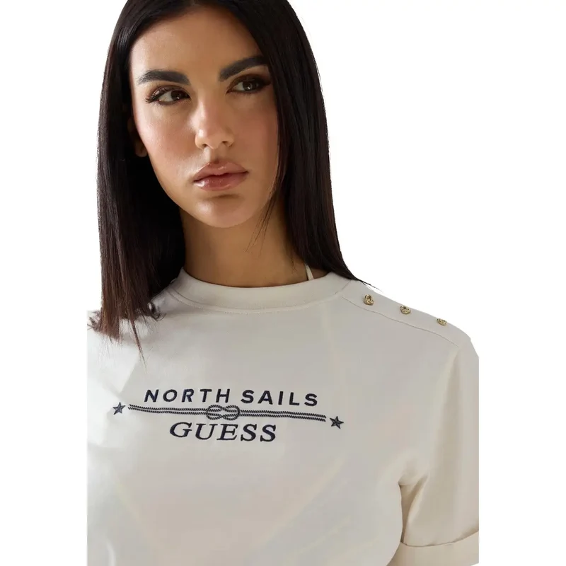 Damen T-Shirt mit weißem Baumwoll-Logo, Kurzarm, Rundhalsausschnitt