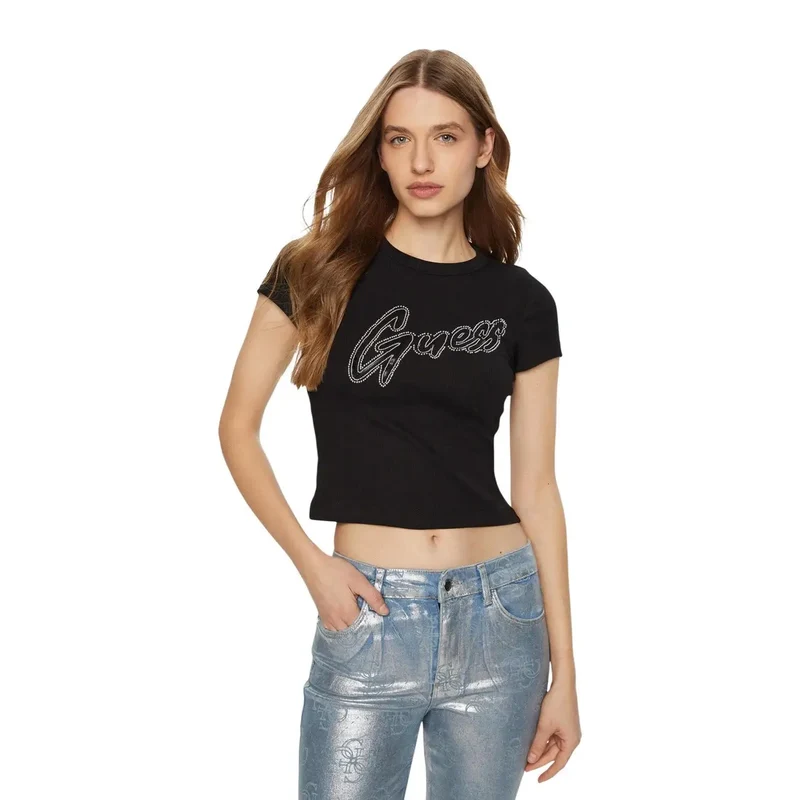 Damen-T-Shirt mit Rundhalsausschnitt, schwarzes Baumwoll-Ripp-Logo