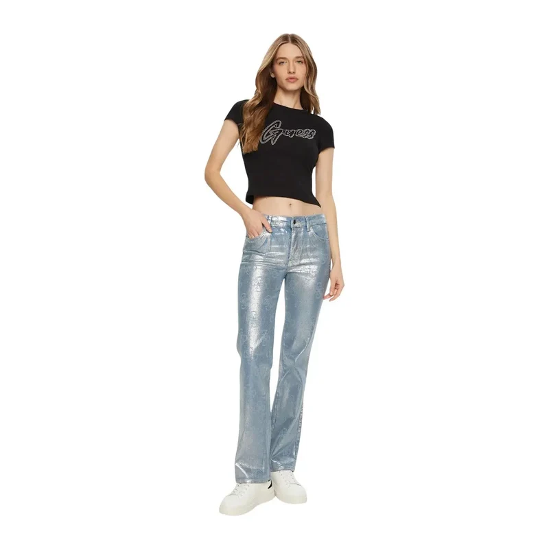 Damen-T-Shirt mit Rundhalsausschnitt, schwarzes Baumwoll-Ripp-Logo