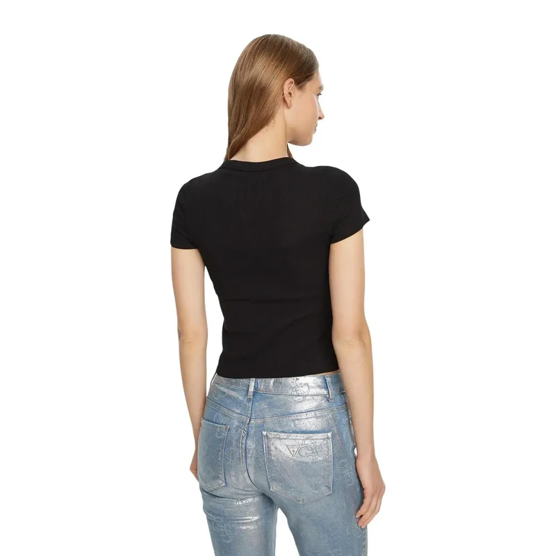 Damen-T-Shirt mit Rundhalsausschnitt, schwarzes Baumwoll-Ripp-Logo
