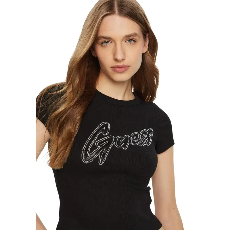 Damen-T-Shirt mit Rundhalsausschnitt, schwarzes Baumwoll-Ripp-Logo