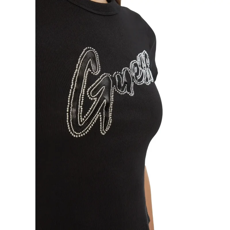 Damen-T-Shirt mit Rundhalsausschnitt, schwarzes Baumwoll-Ripp-Logo