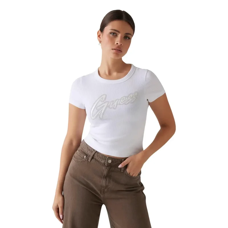 Damen-T-Shirt mit Rundhalsausschnitt, schwarzes Baumwoll-Ripp-Logo