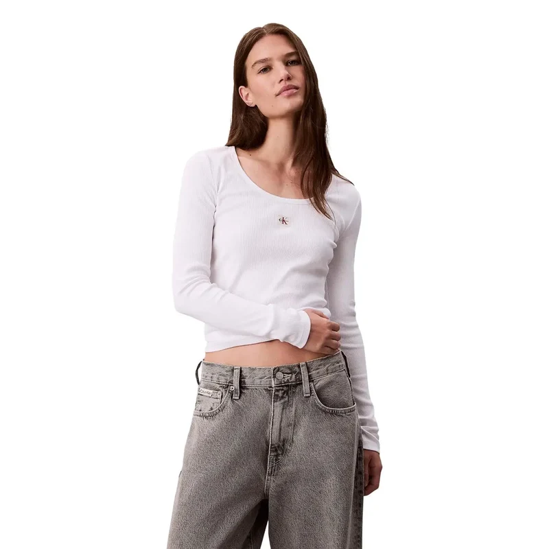 Calvin Klein Jeans Damen weißes Longshirt aus Baumwolle mit Elasthan
