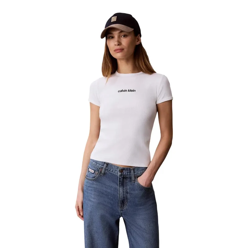 Calvin Klein Jeans Damen Weißes Baumwoll-T-Shirt mit Rundhalsausschnitt