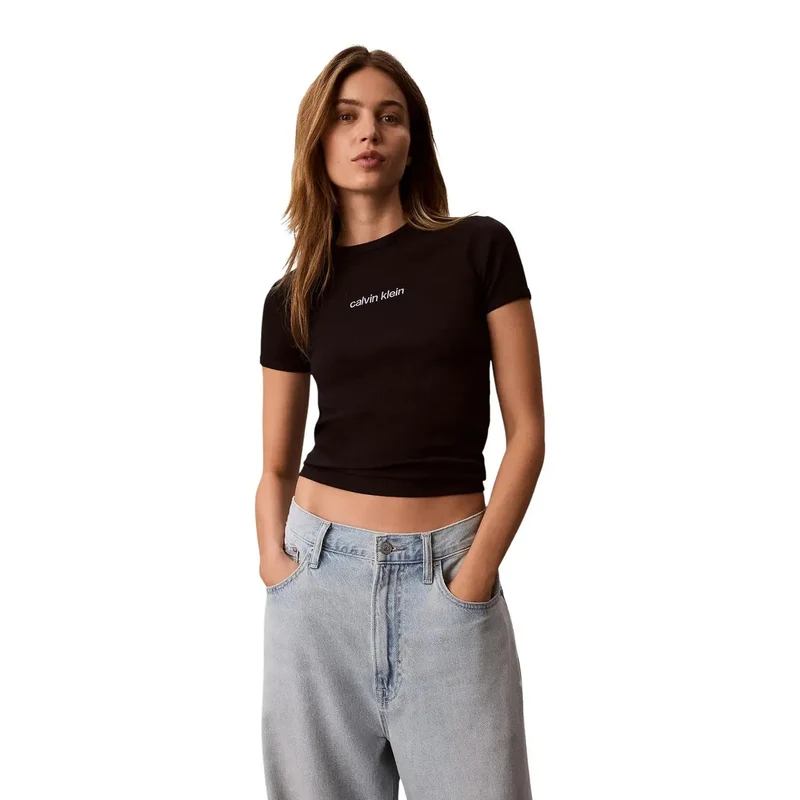 Calvin Klein Jeans Damen schwarzes Baumwoll-T-Shirt mit Rundhalsausschnitt