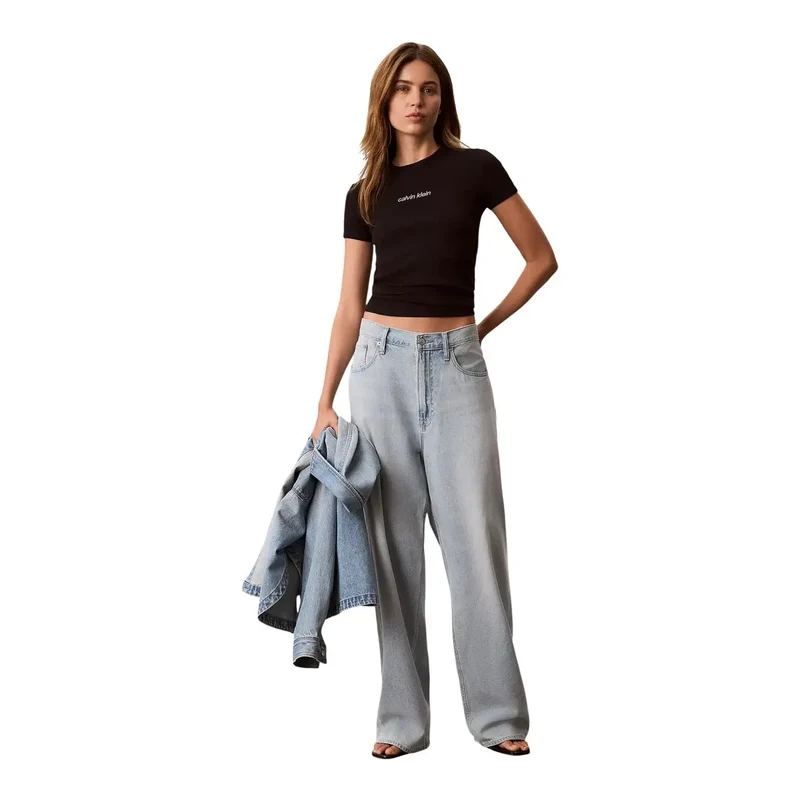 Calvin Klein Jeans Damen schwarzes Baumwoll-T-Shirt mit Rundhalsausschnitt